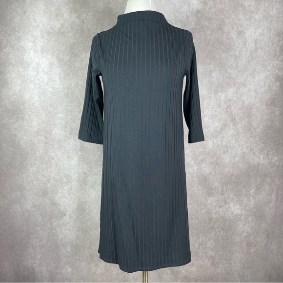 Eileen Fisher Washable Stretch Rib Funnel Neck 3/4 Sleeve Jersey Dress Blue XXS - Picture 2 of 10